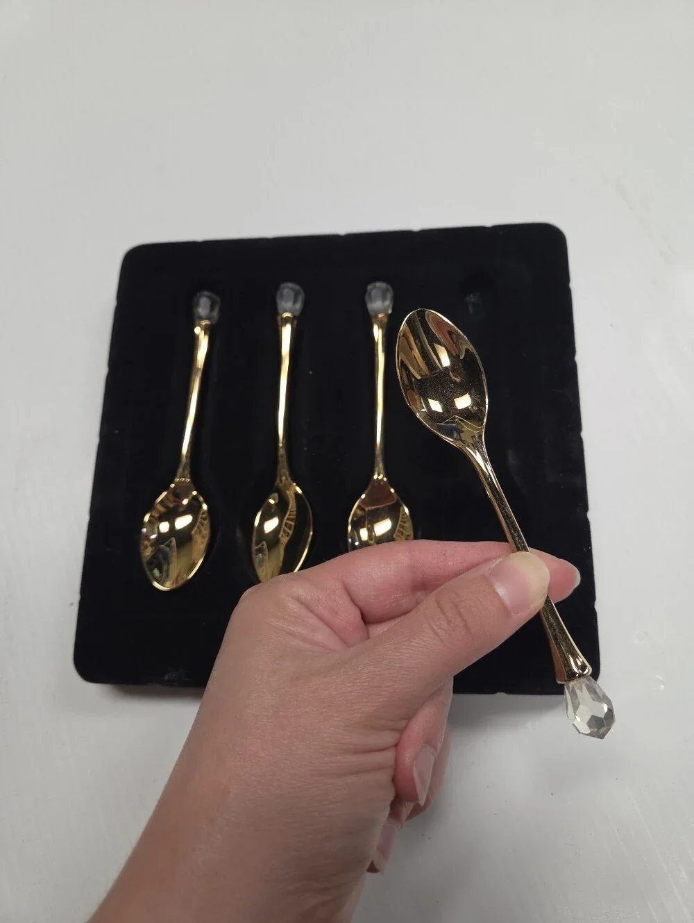 KP 24K Gold Plated Demitasse Spoons Set 4 Swarovski Strass Crystal Vintage Box